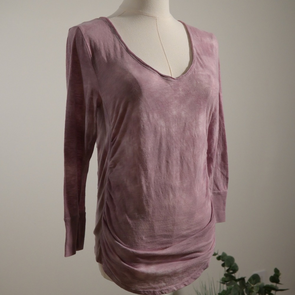 Saturday Sunday Anthropologie Mauve Acid Wash Ruched V-Neck Long Sleeve Top S